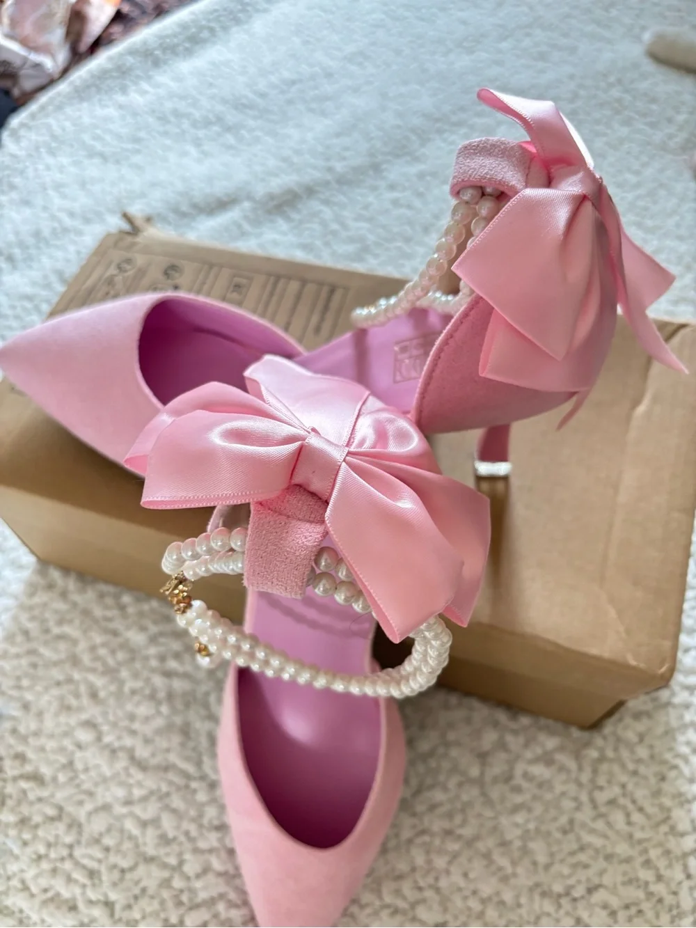 Satin Pink Pointed-Toe Heels with Pearl Bow Ankle Strap